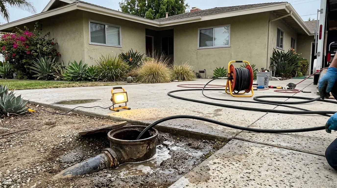 Hydro jetting hose fed into a ground-level cleanout beside a driveway