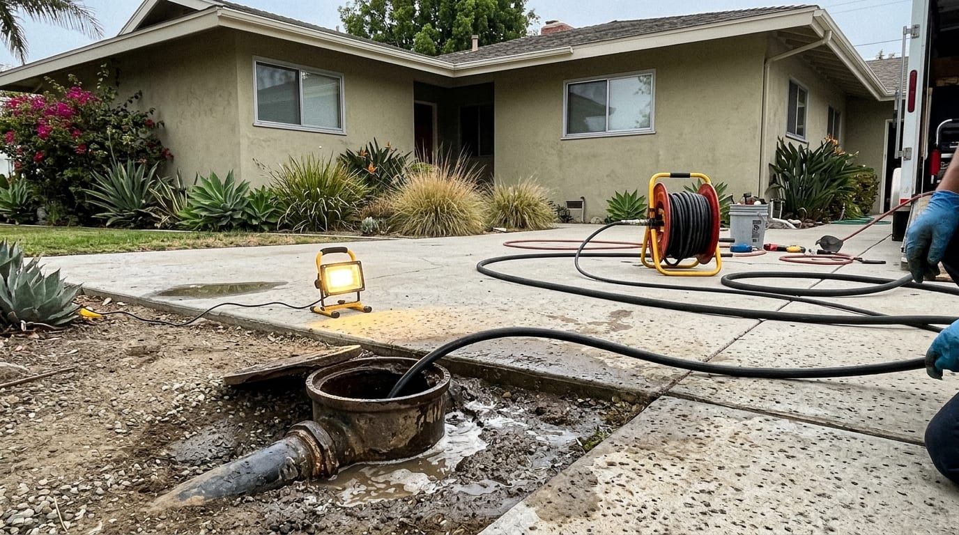 Hydro jetting hose fed into a ground-level cleanout beside a driveway