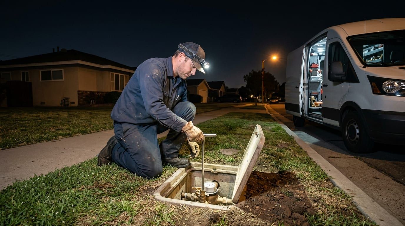 Plumber kneeling at an open water meter box on a night call, head torch on the shutoff valve, work van at the kerb behind