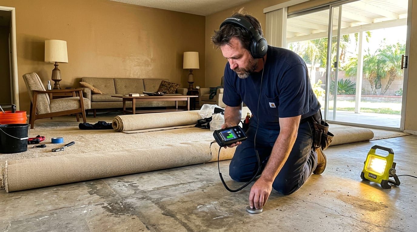 Acoustic leak-detection probe on a slab floor with the technician listening through headphones