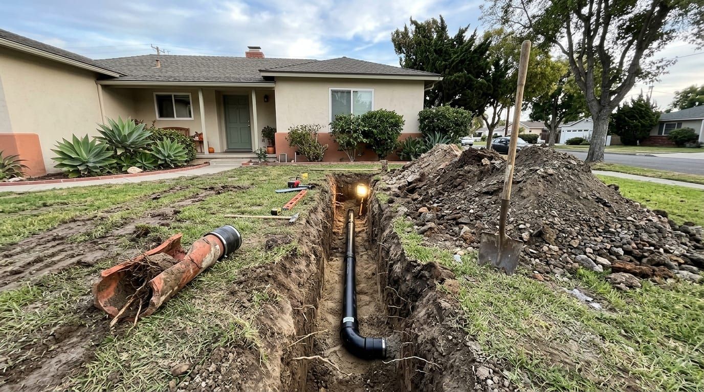 Open trench in a front yard with new drain pipe laid to the street connection