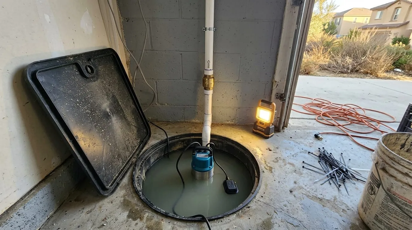 Submersible sump pump in an open basin set into a garage slab, discharge pipe with a check valve running up the wall