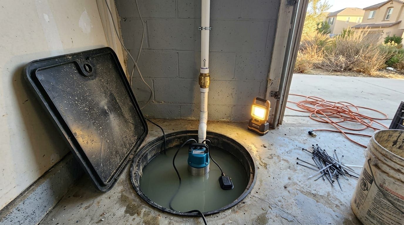 Submersible sump pump in an open basin set into a garage slab, discharge pipe with a check valve running up the wall