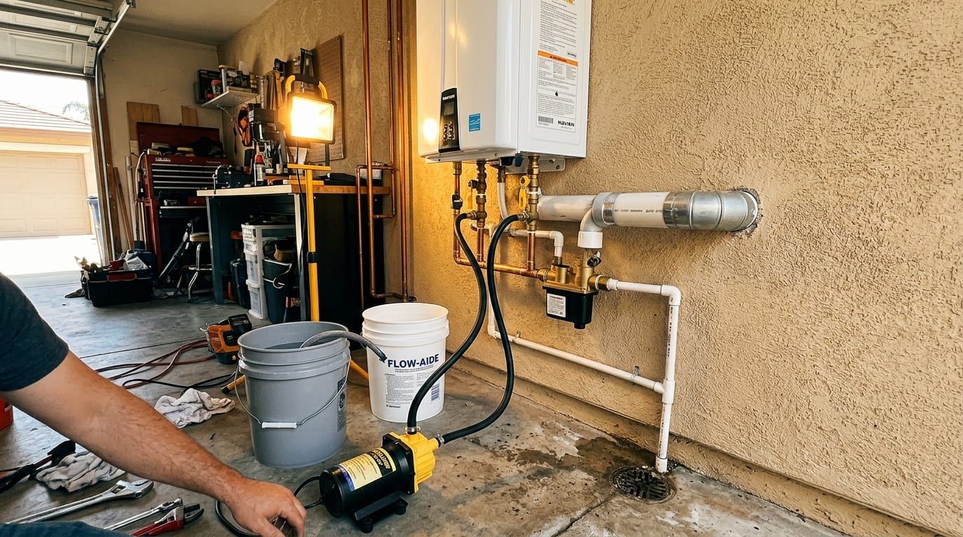 Wall-mounted tankless gas water heater in a garage with isolation service valves and a condensate line to the floor drain