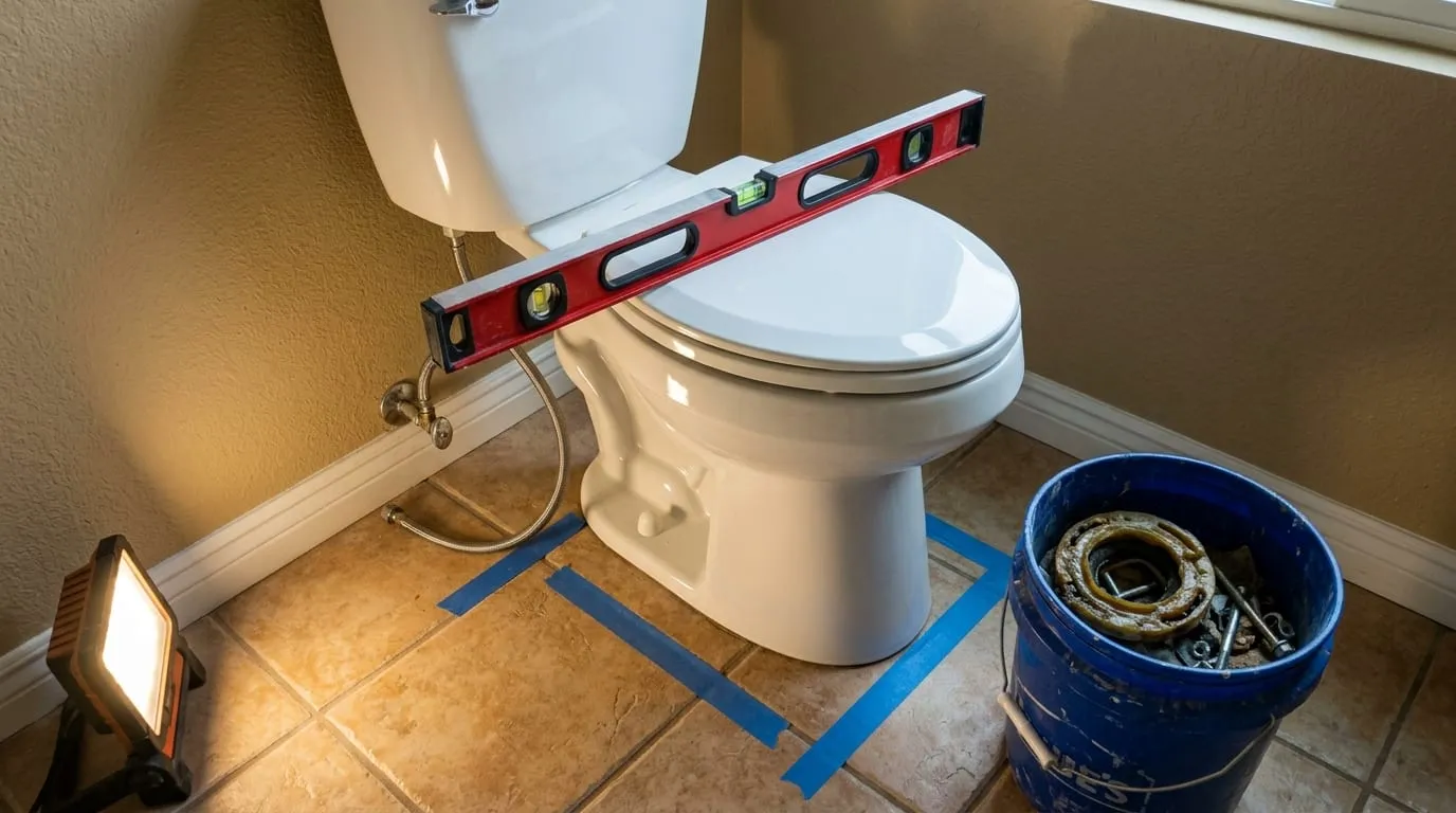Newly set toilet with a level resting on the tank and the old wax ring in a bucket alongside