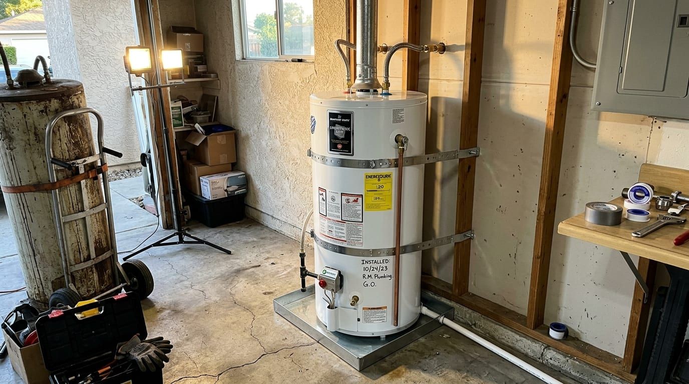 Gas water heater in a garage with earthquake straps, code labels and the install date written on the tank