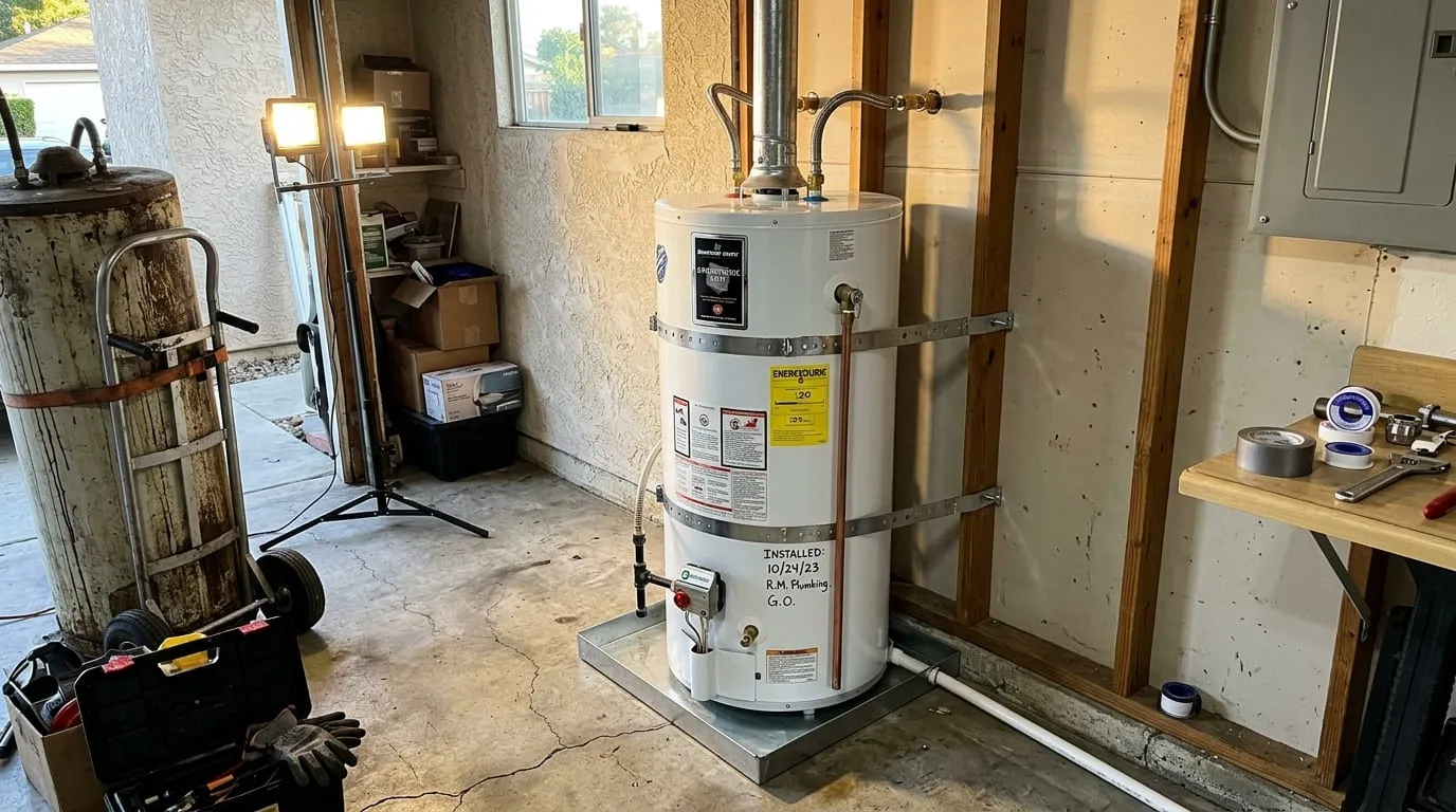 Gas water heater in a garage with earthquake straps, code labels and the install date written on the tank